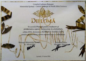 Eminescu Prize Diploma